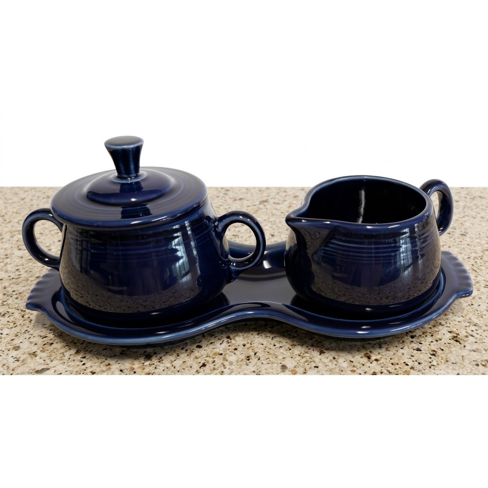 Fiestaware FIesta Creamer and Covered Sugar Set w Figure 8 Tray, Cobalt Blue